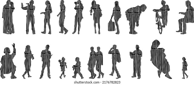 Vector silhouettes, Outline silhouettes of people, Contour drawing, people silhouette, Icon Set Isolated, Silhouette of sitting people, Architectural set	
