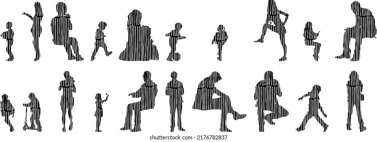 Vector silhouettes, Outline silhouettes of people, Contour drawing, people silhouette, Icon Set Isolated, Silhouette of sitting people, Architectural set	
