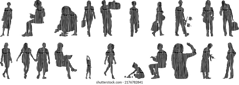 Vektor-Silhouetten, Silhouetten-Linien, Konturzeichnungen, Silhouette-Leute, Symbolsatz isoliert, Silhouette sitzender Menschen, Architekturset	
