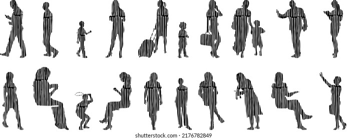 Vektor-Silhouetten, Silhouetten-Linien, Konturzeichnungen, Silhouette-Leute, Symbolsatz isoliert, Silhouette sitzender Menschen, Architekturset	
