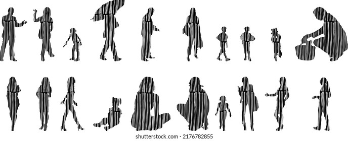 Vector silhouettes, Outline silhouettes of people, Contour drawing, people silhouette, Icon Set Isolated, Silhouette of sitting people, Architectural set	
