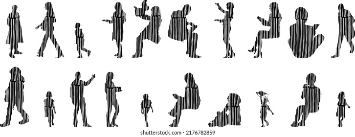 Vector silhouettes, Outline silhouettes of people, Contour drawing, people silhouette, Icon Set Isolated, Silhouette of sitting people, Architectural set	
