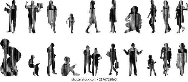 Siluetas vectoriales, Siluetas de contorno de personas, Dibujo de contorno, silueta de personas, Conjunto de iconos aislados, Silueta de personas sentadas, Conjunto arquitectónico	
