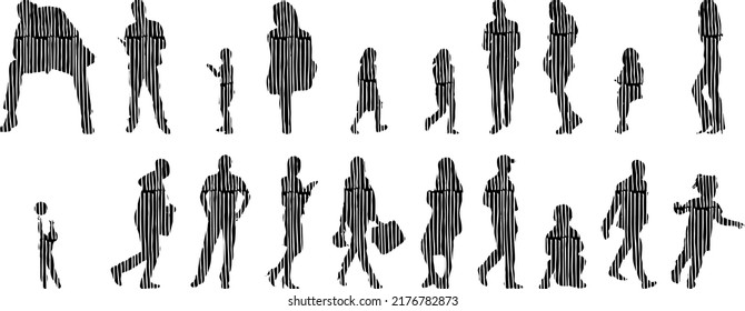 Vector silhouettes, Outline silhouettes of people, Contour drawing, people silhouette, Icon Set Isolated, Silhouette of sitting people, Architectural set	
