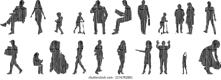 Vector silhouettes, Outline silhouettes of people, Contour drawing, people silhouette, Icon Set Isolated, Silhouette of sitting people, Architectural set	
