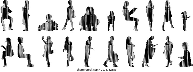 Vector silhouettes, Outline silhouettes of people, Contour drawing, people silhouette, Icon Set Isolated, Silhouette of sitting people, Architectural set	
