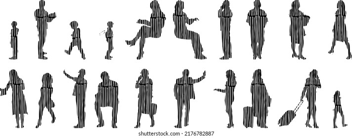 Vector silhouettes, Outline silhouettes of people, Contour drawing, people silhouette, Icon Set Isolated, Silhouette of sitting people, Architectural set	
