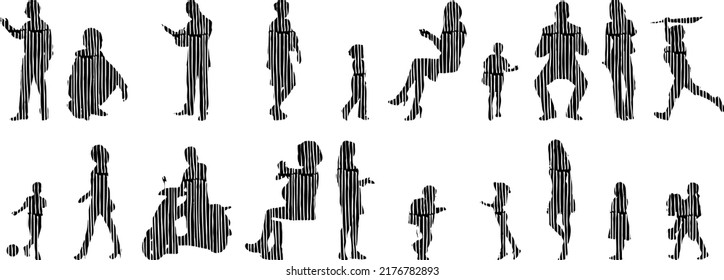 Vector silhouettes, Outline silhouettes of people, Contour drawing, people silhouette, Icon Set Isolated, Silhouette of sitting people, Architectural set	
