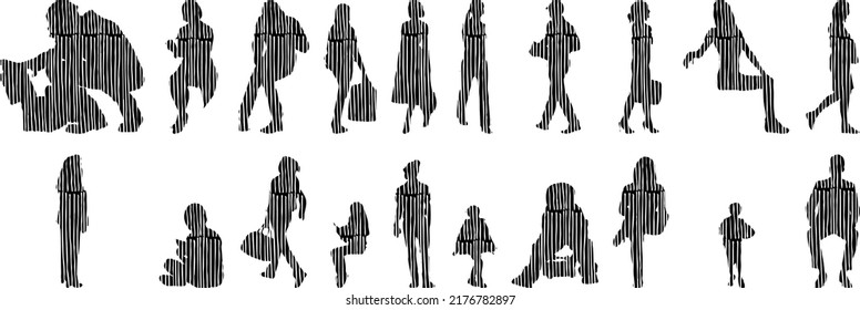 Siluetas vectoriales, Siluetas de contorno de personas, Dibujo de contorno, silueta de personas, Conjunto de iconos aislados, Silueta de personas sentadas, Conjunto arquitectónico	
