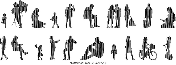Vector silhouettes, Outline silhouettes of people, Contour drawing, people silhouette, Icon Set Isolated, Silhouette of sitting people, Architectural set	
