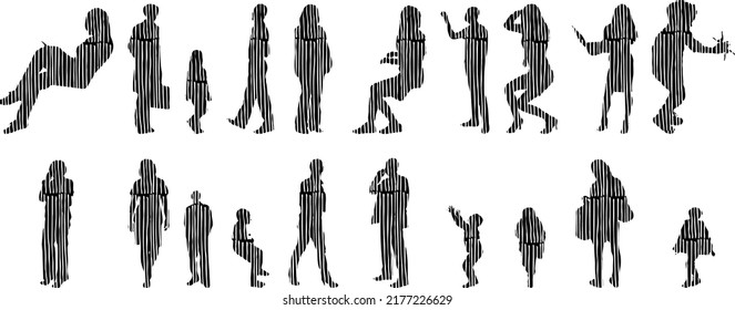 Vector silhouettes, Outline silhouettes of people, Contour drawing, people silhouette, Icon Set Isolated, Silhouette of sitting people, Architectural set	
