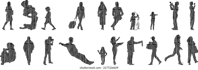 Vector silhouettes, Outline silhouettes of people, Contour drawing, people silhouette, Icon Set Isolated, Silhouette of sitting people, Architectural set	
