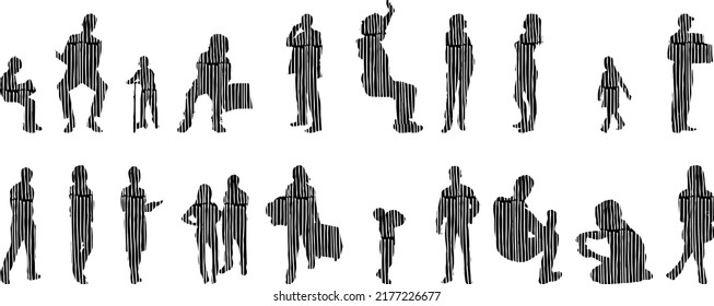 Vector silhouettes, Outline silhouettes of people, Contour drawing, people silhouette, Icon Set Isolated, Silhouette of sitting people, Architectural set	
