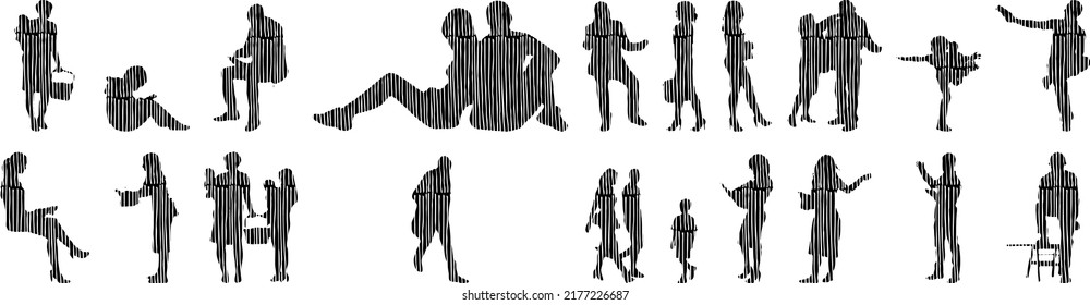 Vector silhouettes, Outline silhouettes of people, Contour drawing, people silhouette, Icon Set Isolated, Silhouette of sitting people, Architectural set	

