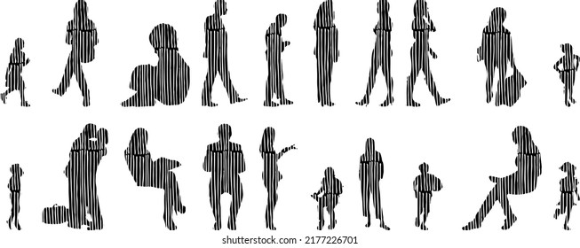 Vector silhouettes, Outline silhouettes of people, Contour drawing, people silhouette, Icon Set Isolated, Silhouette of sitting people, Architectural set	
