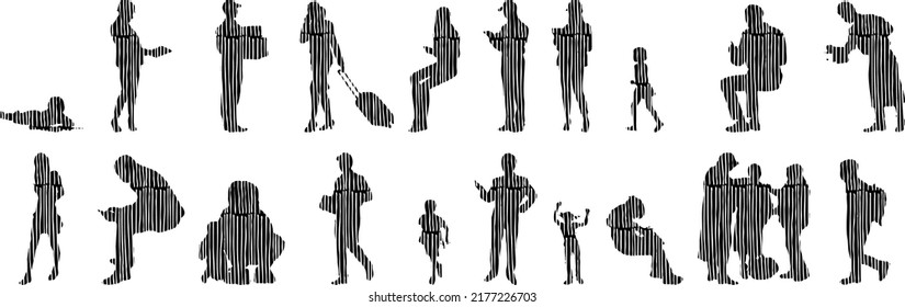 Vector silhouettes, Outline silhouettes of people, Contour drawing, people silhouette, Icon Set Isolated, Silhouette of sitting people, Architectural set	
