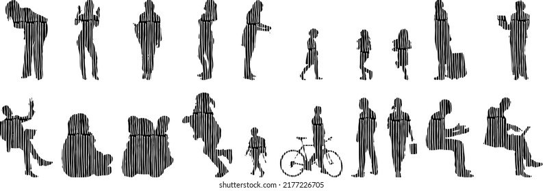 Vector silhouettes, Outline silhouettes of people, Contour drawing, people silhouette, Icon Set Isolated, Silhouette of sitting people, Architectural set	
