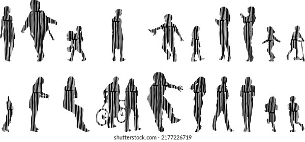 Vector silhouettes, Outline silhouettes of people, Contour drawing, people silhouette, Icon Set Isolated, Silhouette of sitting people, Architectural set	
