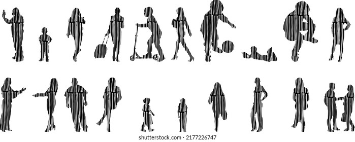 Siluetas vectoriales, Siluetas de contorno de personas, Dibujo de contorno, silueta de personas, Conjunto de iconos aislados, Silueta de personas sentadas, Conjunto arquitectónico	
