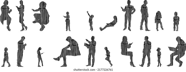 Vector silhouettes, Outline silhouettes of people, Contour drawing, people silhouette, Icon Set Isolated, Silhouette of sitting people, Architectural set	
