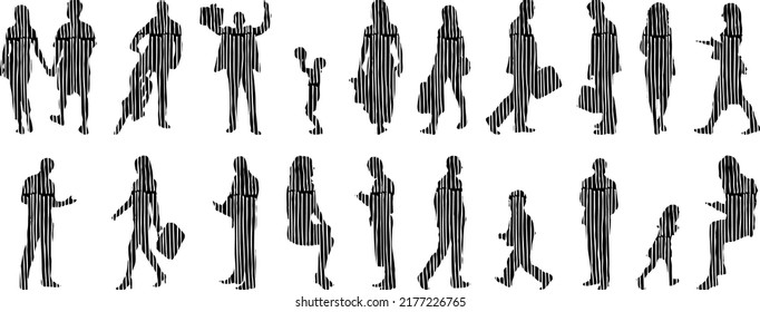 Vector silhouettes, Outline silhouettes of people, Contour drawing, people silhouette, Icon Set Isolated, Silhouette of sitting people, Architectural set	
