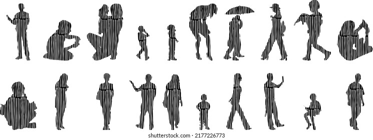 Vector silhouettes, Outline silhouettes of people, Contour drawing, people silhouette, Icon Set Isolated, Silhouette of sitting people, Architectural set	
