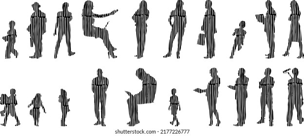 Vector silhouettes, Outline silhouettes of people, Contour drawing, people silhouette, Icon Set Isolated, Silhouette of sitting people, Architectural set	
