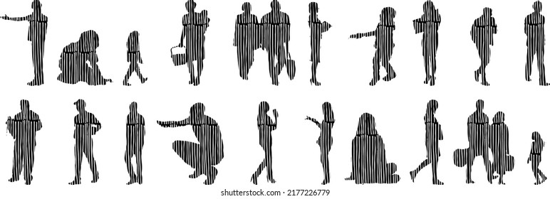 Vektor-Silhouetten, Silhouetten-Linien, Konturzeichnungen, Silhouette-Leute, Symbolsatz isoliert, Silhouette sitzender Menschen, Architekturset	
