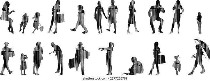 Vector silhouettes, Outline silhouettes of people, Contour drawing, people silhouette, Icon Set Isolated, Silhouette of sitting people, Architectural set	
