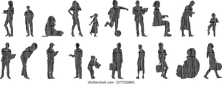 Vektor-Silhouetten, Silhouetten-Linien, Konturzeichnungen, Silhouette-Leute, Symbolsatz isoliert, Silhouette sitzender Menschen, Architekturset	
