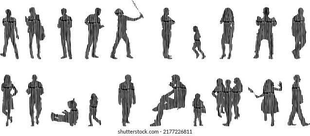Vector silhouettes, Outline silhouettes of people, Contour drawing, people silhouette, Icon Set Isolated, Silhouette of sitting people, Architectural set	
