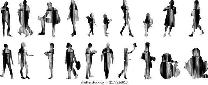 Vector silhouettes, Outline silhouettes of people, Contour drawing, people silhouette, Icon Set Isolated, Silhouette of sitting people, Architectural set	
