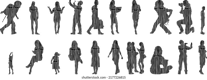 Vector silhouettes, Outline silhouettes of people, Contour drawing, people silhouette, Icon Set Isolated, Silhouette of sitting people, Architectural set	
