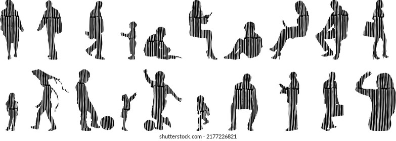 Vector silhouettes, Outline silhouettes of people, Contour drawing, people silhouette, Icon Set Isolated, Silhouette of sitting people, Architectural set	
