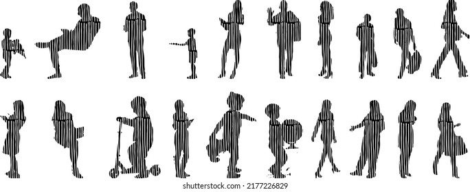 Vector silhouettes, Outline silhouettes of people, Contour drawing, people silhouette, Icon Set Isolated, Silhouette of sitting people, Architectural set	
