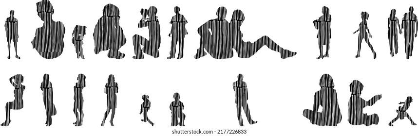 Siluetas vectoriales, Siluetas de contorno de personas, Dibujo de contorno, silueta de personas, Conjunto de iconos aislados, Silueta de personas sentadas, Conjunto arquitectónico	
