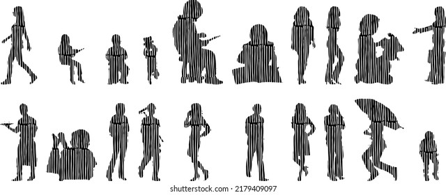 Vector silhouettes, Outline silhouettes of people, Contour drawing, people silhouette, Icon Set Isolated, Silhouette of sitting people, Architectural set	
