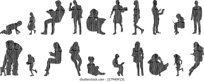 Vector silhouettes, Outline silhouettes of people, Contour drawing, people silhouette, Icon Set Isolated, Silhouette of sitting people, Architectural set	

