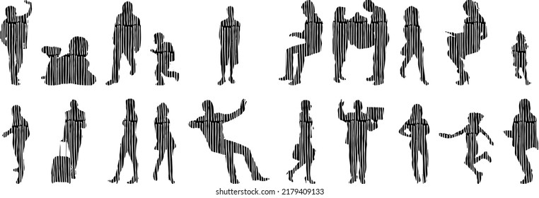 Vector silhouettes, Outline silhouettes of people, Contour drawing, people silhouette, Icon Set Isolated, Silhouette of sitting people, Architectural set	
