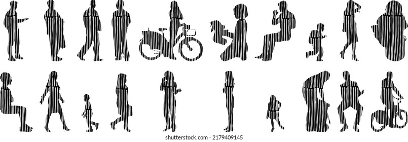 Vector silhouettes, Outline silhouettes of people, Contour drawing, people silhouette, Icon Set Isolated, Silhouette of sitting people, Architectural set	
