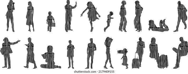 Vector silhouettes, Outline silhouettes of people, Contour drawing, people silhouette, Icon Set Isolated, Silhouette of sitting people, Architectural set	
