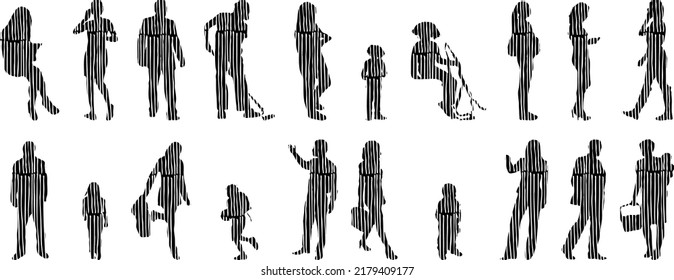 Vector silhouettes, Outline silhouettes of people, Contour drawing, people silhouette, Icon Set Isolated, Silhouette of sitting people, Architectural set	
