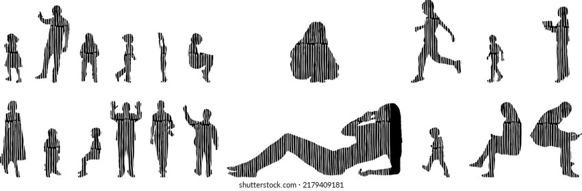 Vector silhouettes, Outline silhouettes of people, Contour drawing, people silhouette, Icon Set Isolated, Silhouette of sitting people, Architectural set	
