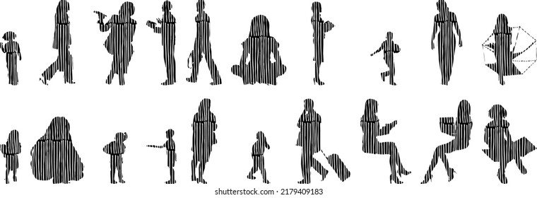 Vector silhouettes, Outline silhouettes of people, Contour drawing, people silhouette, Icon Set Isolated, Silhouette of sitting people, Architectural set	
