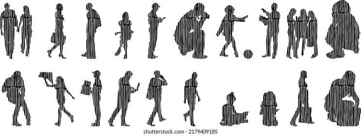 Vector silhouettes, Outline silhouettes of people, Contour drawing, people silhouette, Icon Set Isolated, Silhouette of sitting people, Architectural set	
