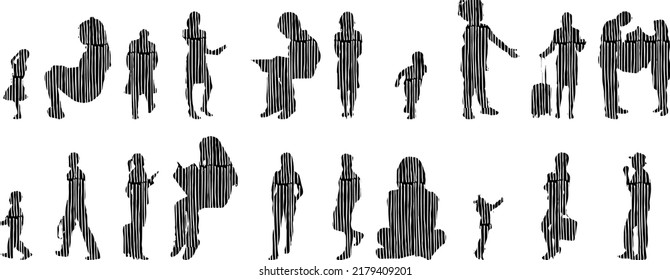 Siluetas vectoriales, Siluetas de contorno de personas, Dibujo de contorno, silueta de personas, Conjunto de iconos aislados, Silueta de personas sentadas, Conjunto arquitectónico	
