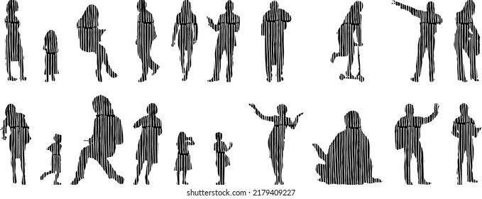 Vector silhouettes, Outline silhouettes of people, Contour drawing, people silhouette, Icon Set Isolated, Silhouette of sitting people, Architectural set	

