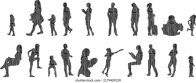 Vector silhouettes, Outline silhouettes of people, Contour drawing, people silhouette, Icon Set Isolated, Silhouette of sitting people, Architectural set	
