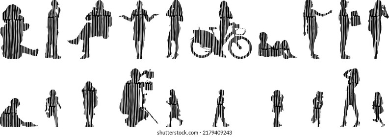 Vector silhouettes, Outline silhouettes of people, Contour drawing, people silhouette, Icon Set Isolated, Silhouette of sitting people, Architectural set	
