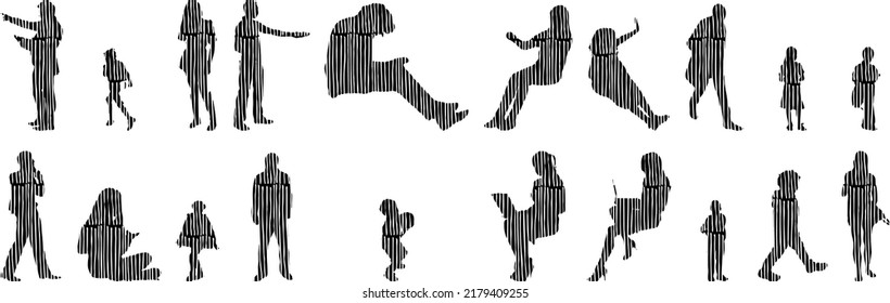 Vector silhouettes, Outline silhouettes of people, Contour drawing, people silhouette, Icon Set Isolated, Silhouette of sitting people, Architectural set	
